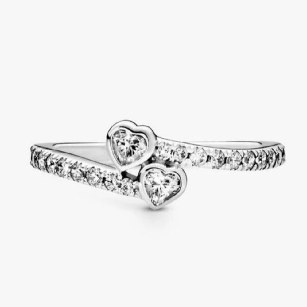 NEW Pandora Two Sparkling Hearts Ring Sterling Silver CZ Promise Ring Size 4.5